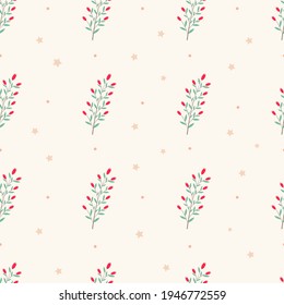 Patrón sin foco con bayas rojas y estrellas en un fondo claro. Un patrón conciso y minimalista con flores. Patrón de papel de embalaje, papel, textiles, antecedentes, sitios web.