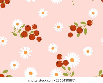 Seamless pattern with red berry branch and cute flower on pink background vector illustration. 