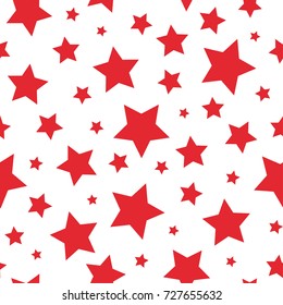Seamless pattern with red big stars on white background. Vector illustration. magic fireworks. Bright stardust background. 