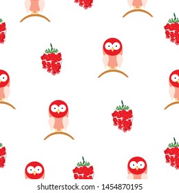 seamless pattern with red bird cartoon and strawberries vector - white background