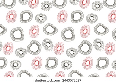 Seamless pattern. Red and black concentric circles of irregular shape on a white background. Flyer background design, advertising background, fabric, clothing, texture, textile pattern.