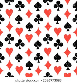 Seamless pattern with red and black crayon drawn hearts, diamonds, clubs, spades. Gambling game, casino symbol vector illustration. Hand drawn vector funky wrapping paper with abstract card suits.