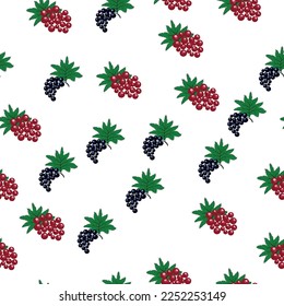 Seamless pattern with red and black currant berries and leaves. Summer food print. Background with sweet tasty bunches of garden berries. Design for textiles, wrapping paper.