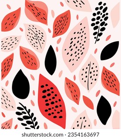 Seamless Pattern With Red, Black and Gray Petal Shapes, Leaves and Dots, in the Style of Minimalistic Abstractions, Light Red and Pink, Confetti-Like Dots, Abstraction-Creation, Playful Abstractions