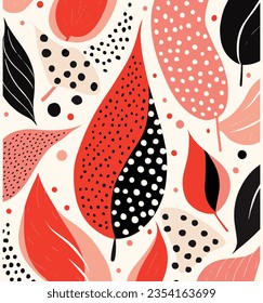 Seamless Pattern With Red, Black and Gray Petal Shapes, Leaves and Dots, in the Style of Minimalistic Abstractions, Light Red and Pink, Confetti-Like Dots, Abstraction-Creation, Playful Abstractions
