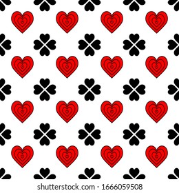 Seamless pattern of red and black hearts on a white background. Abstract illustration. Creative concept design background for greeting cards, for packaging, wallpaper, for casino design, playing cards