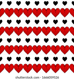 Seamless pattern of red and black hearts on a white background. Abstract striped illustration. Creative design background for greeting card, for packaging, wallpaper, for casino design, playing cards.