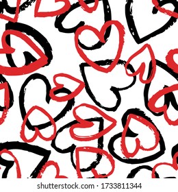 Seamless pattern with red and black hearts on white background. Vector design for textile, backgrounds, clothes, wrapping paper, web sites and wallpaper. Fashion illustration seamless pattern.