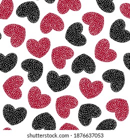 Seamless pattern with red and black hearts. Holiday print. Vector hand drawn illustration.