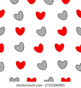 Seamless pattern of red and black hearts on white background, cute hand-drawn heart illustration, romantic love design, modern minimal style, playful doodle hearts, repeating wallpaper, fabric and textile design, wrapping paper background, love symbol pattern.