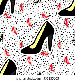 Seamless pattern with red and black heel shoe. Cute vector art in badges, stickers, pins, patches style, inspired by cartoon comic style of 80s-90s.