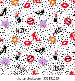 Seamless pattern with red and black heels, lips, star, cloud, lipstick, love label. Cute vector art in badges, stickers, pins, patches style, inspired by cartoon comic style of 80s-90s.