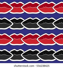 seamless pattern. red and black lips. blue background.
