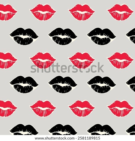 Seamless pattern with red and black lipstick kiss imprints on a neutral background. Stylish and romantic design for Valentines Day, textiles, wallpapers, wrapping paper, and fashion prints.