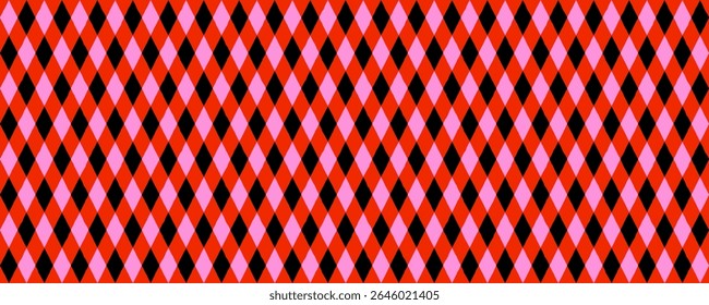 Seamless pattern with red, black, pink diamond rhombus shapes. Vector seamless texture for wallpaper, costumes, party decor. Drag to swatches panel to use.