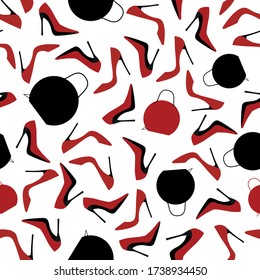 Seamless pattern. Red black shoes handbag. Illustration can be used as wallpaper, postcard, cover, background. Vector illustration.