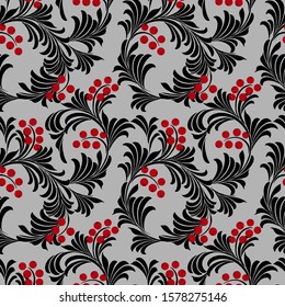 seamless pattern in red and black, with stylized leaves and berries, wrapping paper