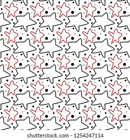 Seamless pattern with red and black uneven stars