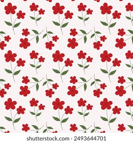 Seamless pattern of red blooming flowers isolated on background.