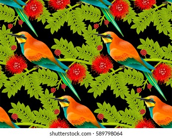 Seamless pattern with red blossom flowers and leaves of Calliandra tree and colorful birds called bee-eater on the black background.