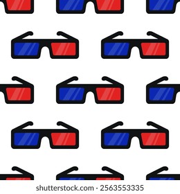 Seamless pattern with red and blue 3d glasses. Plastic cinema eyeglasses. .