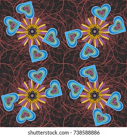 Seamless pattern with a red, blue and black bright summer floral print, flowers, foliage. Vector illustration.