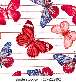 Seamless pattern. Red and blue butterflies on a red strip