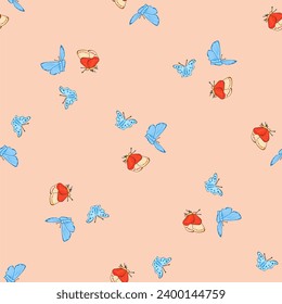 Seamless pattern. Red and blue butterflies on a peach background. Vector illustration