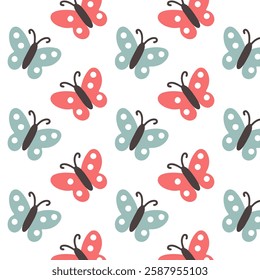 Seamless pattern with red and blue butterflies on a white background. Simple and modern insect design for fabric, wallpaper, and wrapping paper.