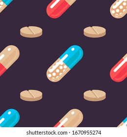 Seamless pattern with red and blue capsule pills and tablets isolated on dark background. Medical & health care design concept in flat style. Graphic cartoon background. Stock vector illustration