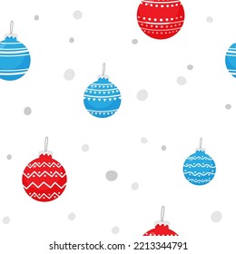 Patrón sin inconvenientes con bolas de Navidad rojas, azules con adorno blanco sobre fondo blanco. Ilustración vectorial, impresión para embalajes, tejidos, papel pintado, textiles.