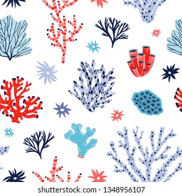 Seamless pattern with red and blue corals and seaweed or algae on white background. Backdrop with tropical aquatic creatures, undersea flora and fauna, sea or ocean life. Flat vector illustration.
