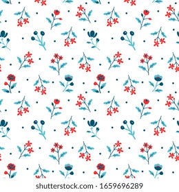 Seamless pattern with red and blue flowers