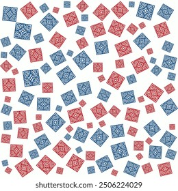 Seamless pattern of red and blue geometric shapes on a white background.