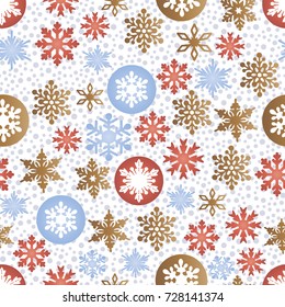 Seamless pattern with red, blue and gold snowflakes and on a white background