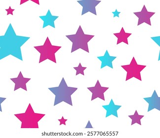 Seamless pattern of red, blue gradient stars, white background, vector