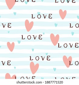 Seamless pattern with red and blue hearts and lettering love on blue lines. Valentine's day background. Illustration can be used for wallpaper, holiday design, pattern fills, web page, wrapping paper