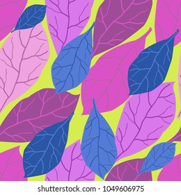 Seamless pattern of red and blue leaves on a green background