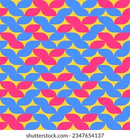 Seamless pattern with red and blue ornament on yellow background. Geometric shapes in bright colors could be used as print or wallpaper. 