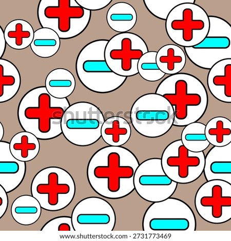 Seamless pattern with red and blue plus and minus symbols inscribed in circles of varying diameters on light brown. Vector illustration.