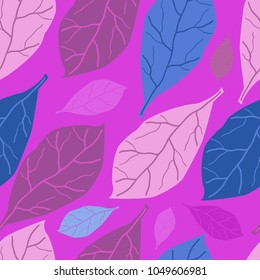 Seamless pattern of red, blue and purple leaves on a red background