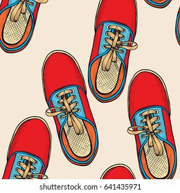 Seamless pattern with red and blue shoes. Hand drawn gumshoes