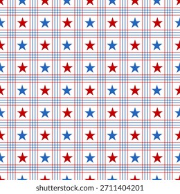 Seamless pattern of red and blue stars arranged in a clean grid, perfect for 4th of July, patriotic designs, and American-themed projects.