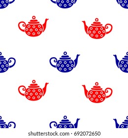 Seamless pattern of red and blue teapots for kitchen background