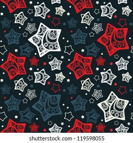 Seamless pattern with red, blue and white stars. Vector background.