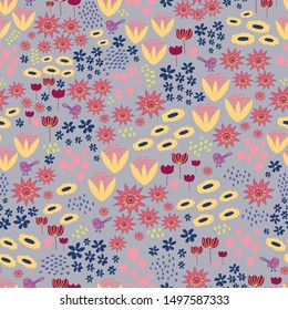 Seamless Pattern with Red, Blue and Yellow Flowers on Gray Background
