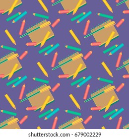 Seamless pattern. Red, blue, yellow pens. Hand drawn fancy cartoon style. Design idea for back to school web project layout or cover. Printing textile, packaging background. Vector illustration