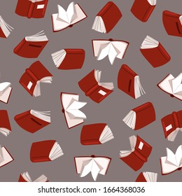 Seamless pattern with red books on a gray background. Vector graphics.