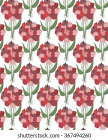 Seamless pattern with red bouquets of tulips. Spring illustration with red flowers