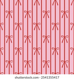 Seamless pattern with red bow knot on striped pink background. Trendy hair braiding accessory. Editable vector illustration for wrapping paper, packaging, fabric, room decor, phone case etc.